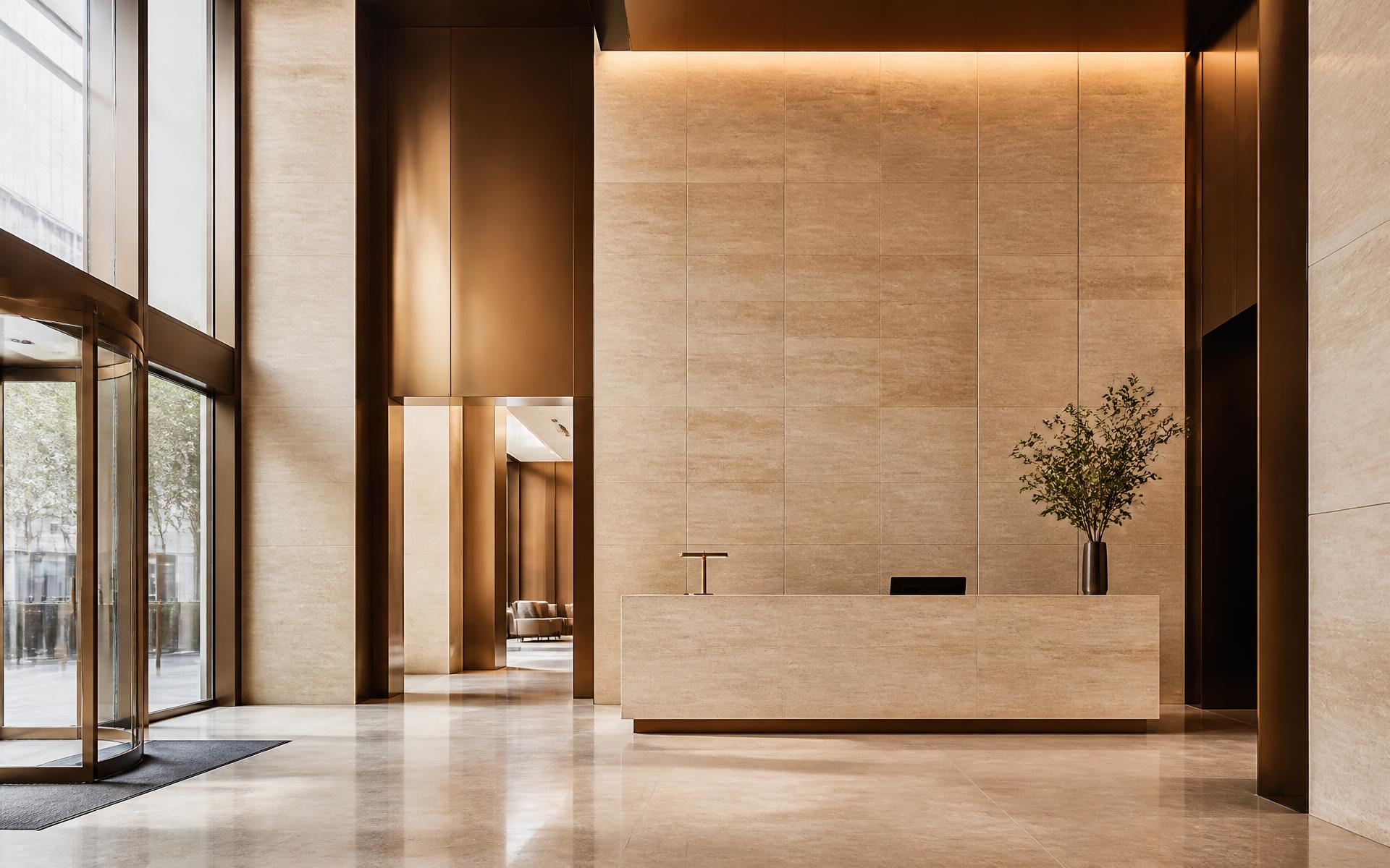 Travertine and bronze lobby with a single reception desk and tall glass entry
