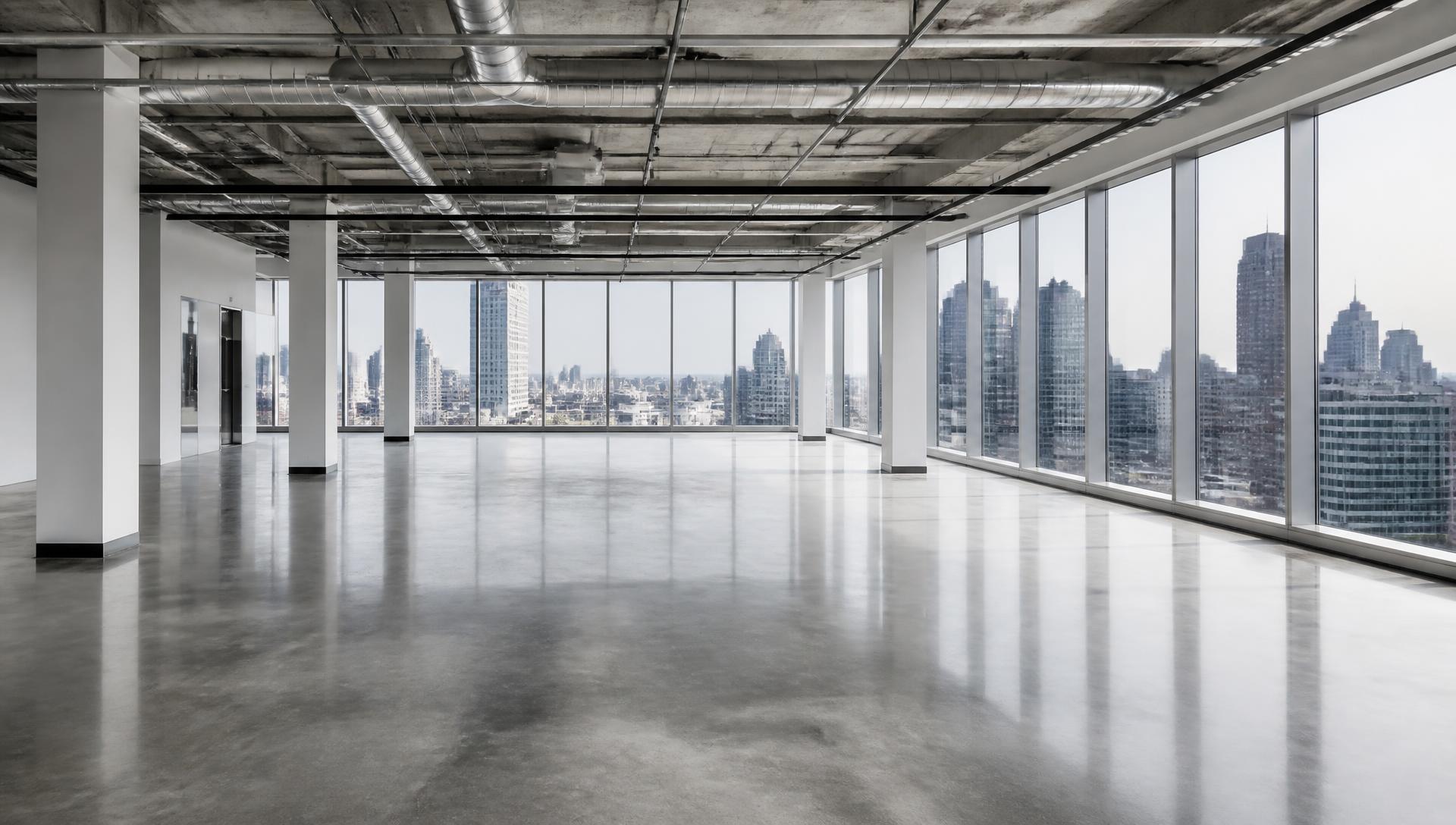Empty full office floor with exposed ceilings and floor-to-ceiling windows